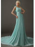 Beaded One Shoulder Mint Chiffon Modern Evening Dress